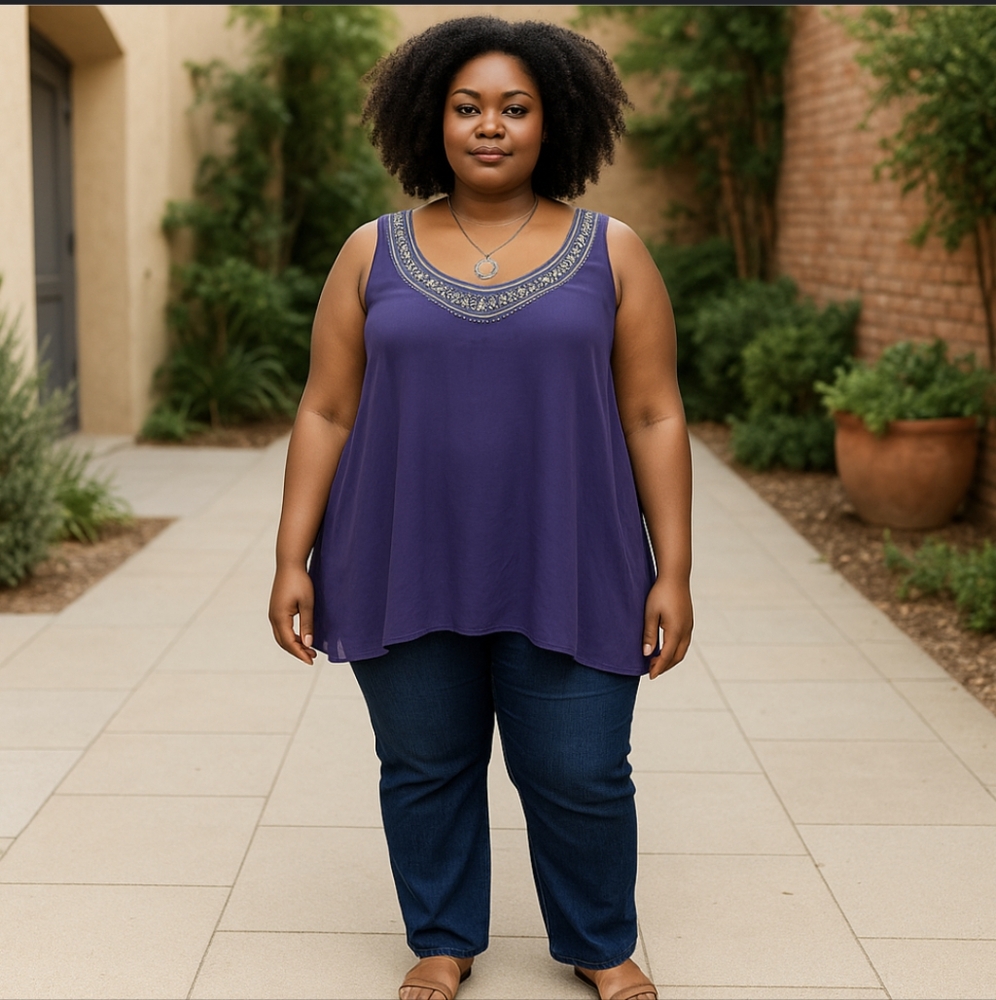 Torrid Purple Semi Sheer & Lime Embroidered Sleeveless Blouse